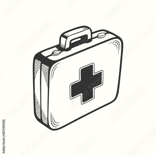 Bold outlined first aid kit with red cross is prominently displayed against white background