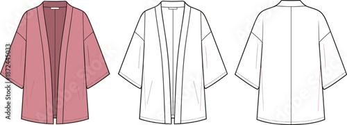 Kimono style open front cardigan technical fashion illustration, flat sketch design, front back views, womens apparel mockup, casual outerwear concept