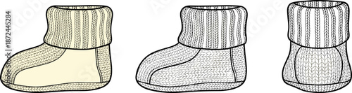Knitted slipper boots technical fashion sketch, cozy winter footwear vector template, cream wool socks flat drawing, home apparel design mockup, professional clothing illustration.