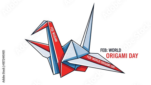 Vibrant origami crane celebrating World Origami Day in red, white, and blue