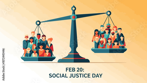 Vibrant illustration of balanced scales with diverse people on Social Justice Day