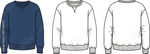 Mens navy blue sweatshirt technical fashion sketch, long sleeve fleece crewneck pullover vector template, casual sportswear flat drawing, apparel design mockup, professional illustration.