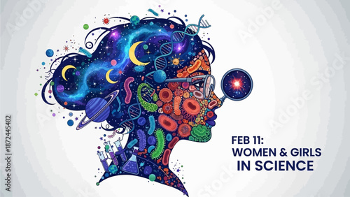 Vibrant illustration of woman celebrating Women in Science Day with colorful cosmic and microbiology elements