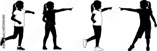 Set of children silhouettes pointing forward, young girl figures in various standing poses, black vector shapes isolated on white, school kids communication concept.