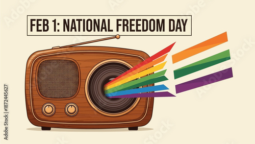 Vintage radio broadcasting rainbow colors on National Freedom Day