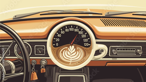 Vintage car interior with creative coffee cup on speedometer