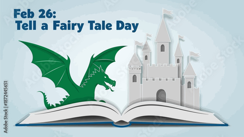 Whimsical fairy tale scene with dragon and castle emerging from book