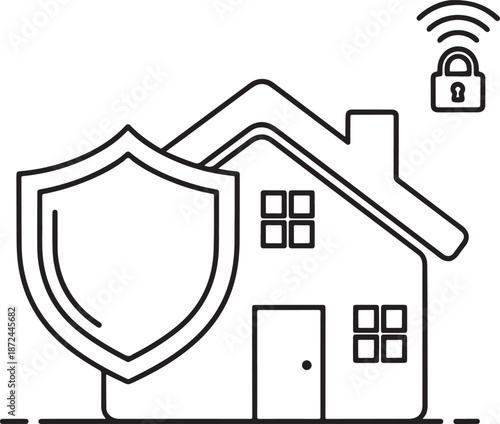 Smart home security system icon with a house, a large shield, and a wireless padlock symbol for residential protection and remote monitoring