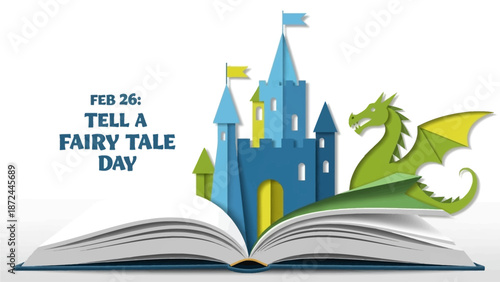 Vibrant fairy tale scene with dragon and castle emerging from a book