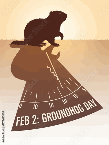 Groundhog sitting on a shadow stick predicting weather on Groundhog Day