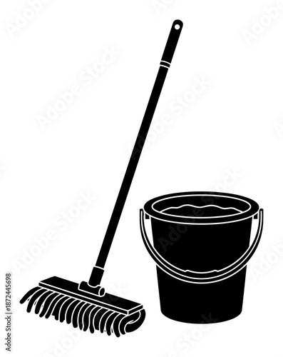 Mop and Bucket Silhouette - Minimalist Vector