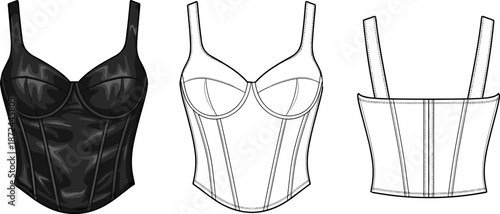 Womens black corset technical fashion sketch, leather bustier top vector template, sleeveless bodice flat drawing, apparel design mockup, professional clothing illustration, fashion flat.