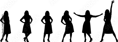 Womens silhouettes in various standing poses, female figure isolated black shapes, expressive girl fashion model outlines, group of people vector illustration, apparel mockup.