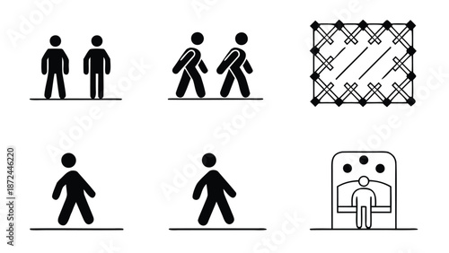 Simple black icons of people walking and a secure access symbol