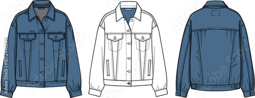 Blue denim jacket technical fashion illustration, front back views, flat sketch design, apparel mockup, outerwear concept for men women