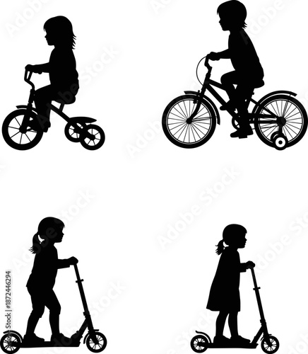 Children silhouettes riding bicycles and scooters, kids active play vector collection, young boy and girl outdoors black isolated shapes, healthy childhood activity icons,