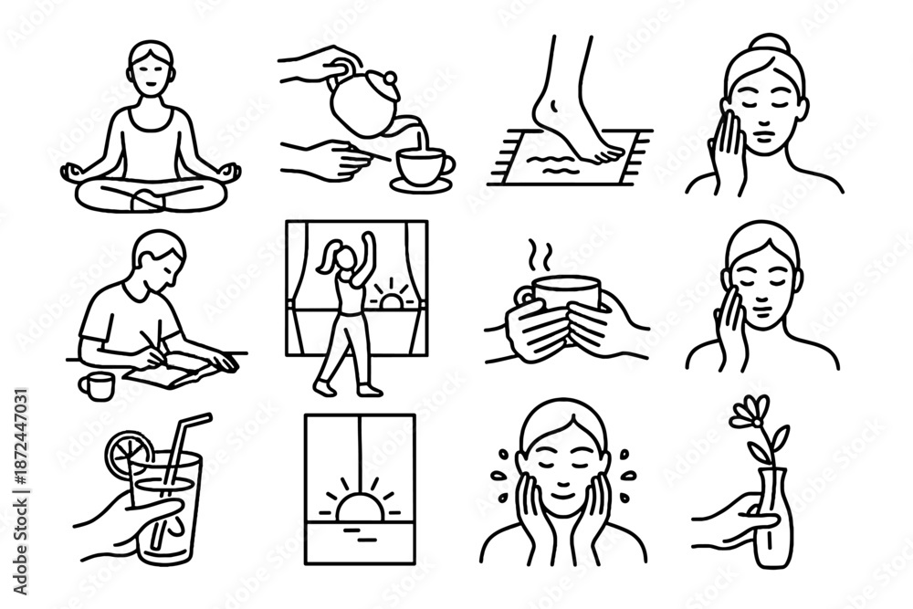 Fototapeta premium Cream sipping mug icons morning face vector reading ritual icon rug breathing