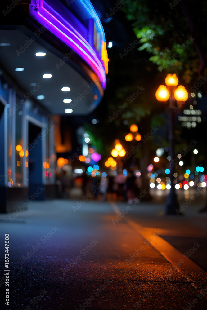 Fototapeta premium Vibrant city street at night with glowing lights and distant people