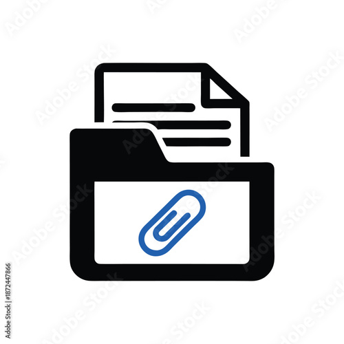 A black folder icon shows a blue paper clip attaching several sheets inside it