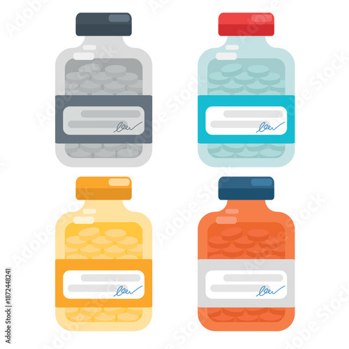 Set of medicine bottles with pills flat vector icons. Collection of colorful plastic jars containing drugs. Prescription pharmacy containers in grey, blue, yellow and orange.