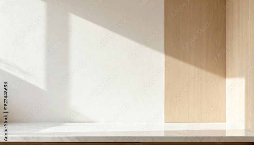 Fototapeta premium Minimalist interior background with white marble countertop and wood wall panel. Modern room with natural sunlight and sharp shadows. Product mockup template with copy space