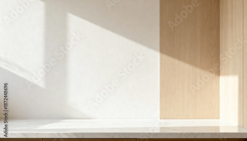 Minimalist interior background with white marble countertop and wood wall panel. Modern room with natural sunlight and sharp shadows. Product mockup template with copy space