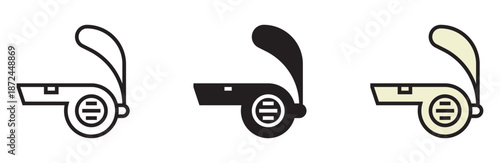 Collection of whistle icons in outline, solid, and filled styles for sports and signal