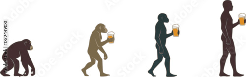 Human evolution theory and beer, from monkey to man, isolated on the white background. Human development. Comic style vector illustration.
