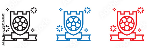 Vibrant soccer badge icons in black, blue, and red colors