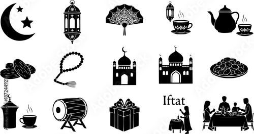 Islamic icons, such as mosque, quran, rug, ramadan and more. Editable stroke.

