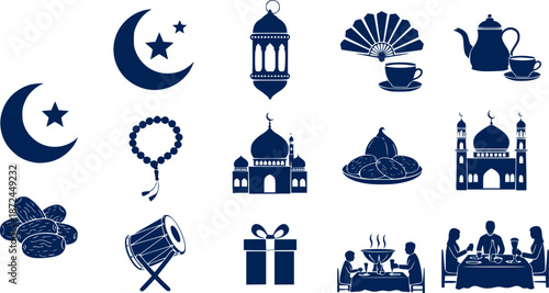 Islamic icons, such as mosque, quran, rug, ramadan and more. Editable stroke.
