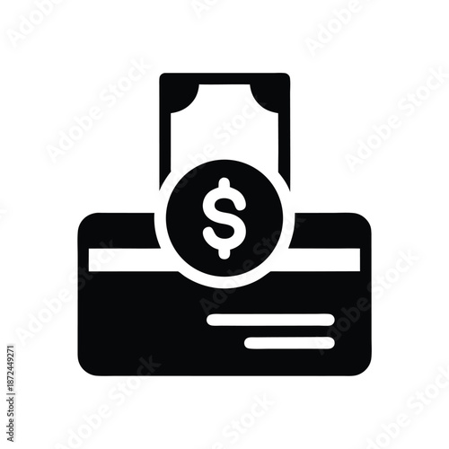 Depicting cash inserted on a black credit card shows financial transaction glyph sign