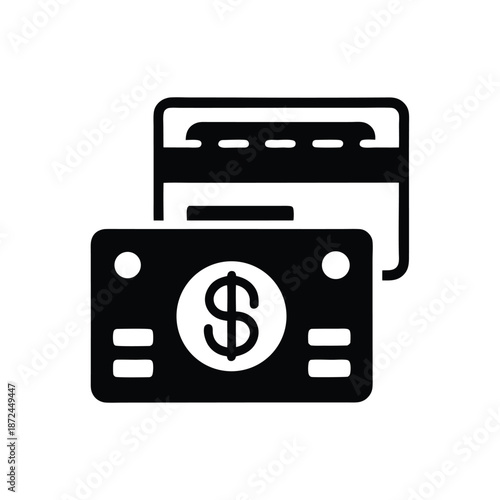 A simple shows a credit card overlapping a dollar bill icon