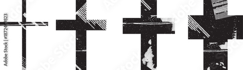 Textured Religion Crosses set . Christian crosses collection from tiny to bold. Vector
