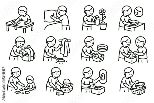 Puzzle wiping fluffing towel crumbs kid pillows mindful chores small organizing vector