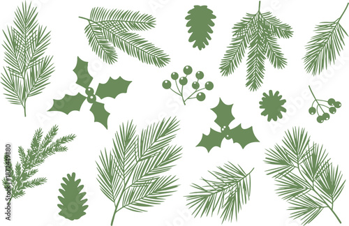 Christmas Tree & Holiday Plant Icon Set  Fir, Pine, and Holly