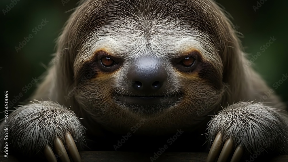Obraz premium Close-up Portrait of a Three-Toed Sloth Showing Claws and Smiling Face
