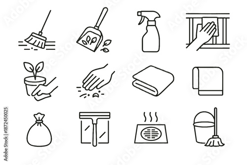 Sweeping vector balcony area cleaning spray rolled bag bucket icons leaves icon