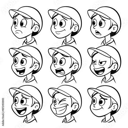 Cartoon boy face expressions showcase sadness, happiness, surprise, anger, and other common feelings