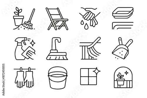 Icon cleaning chair plant soil pad moved spray pail icons vector folded