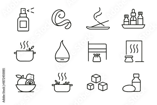 Vector herbs room home incense lines steam scent diffuser icon icons oils