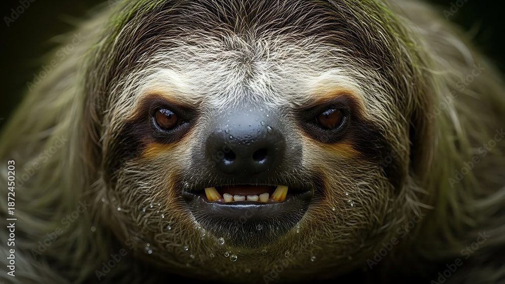 Obraz premium Extreme Macro Portrait of a Smiling Three-Toed Sloth with Visible Teeth