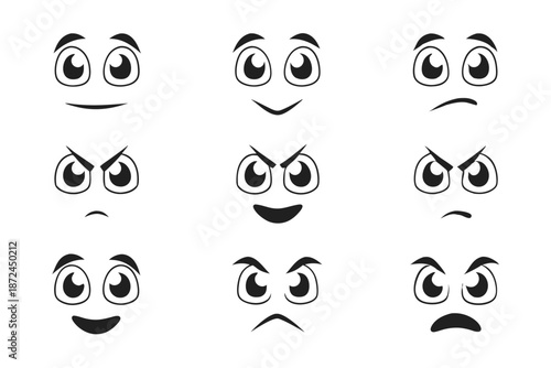 Nine cartoon faces show various emotions from happy to angry on a white background