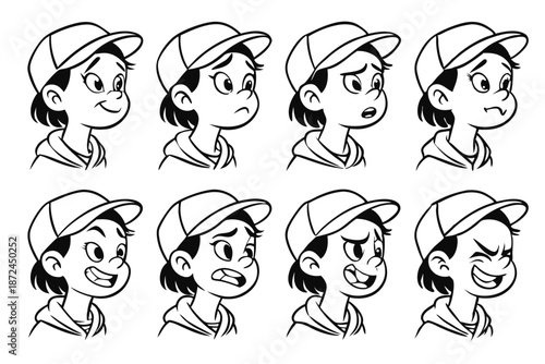 Expressive young girl showcases varied emotions through cartoonish facial expressions in black and white drawing