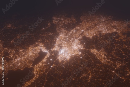Aerial shot of Kyoto (Japan) at night, view from north. Imitation of satellite view on modern city with street lights and glow effect. 3d render