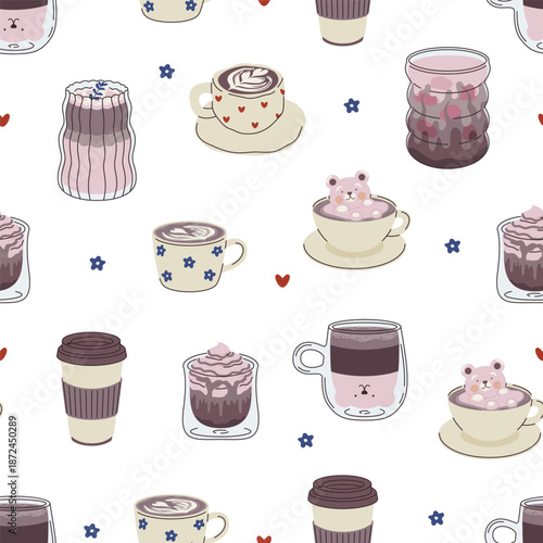 Seamless pattern of Coffee Cups with Latte Art. Cute bears, Flower and Heart foam shapes. Cafe Bar or Coffee House Graphics. Vector Illustration.
