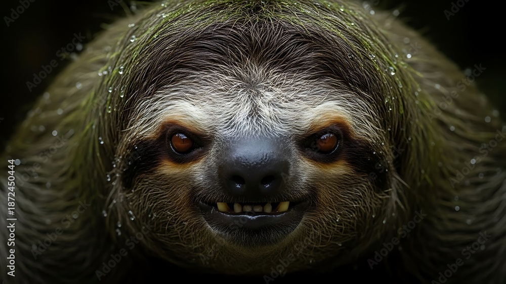 Obraz premium Close-up Portrait of a Wet Sloth with Intense Eyes and Sharp Teeth in Rainforest