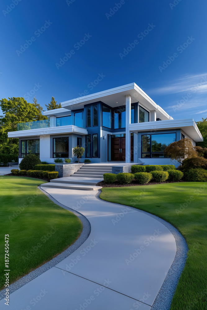 Fototapeta premium Modern house with green lawn and clear sky in afternoon light