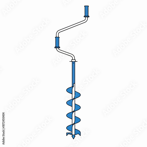 Manual ice auger tool for winter fishing on white background. Hand operated ice auger features blue spiral blade and crank handle, perfect for creating holes in frozen lakes.