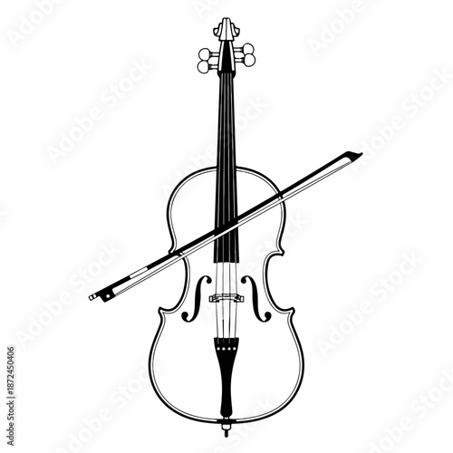 Detailed cello instrument with elegant string curves and classical design. Cello instrument outline drawing, showcasing a bowed string instrument with scroll and tuning pegs.